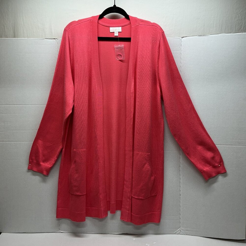 Long Cardigan with Pockets Belle by Kim Gravel Feather Knit $64 QVC -CORAL